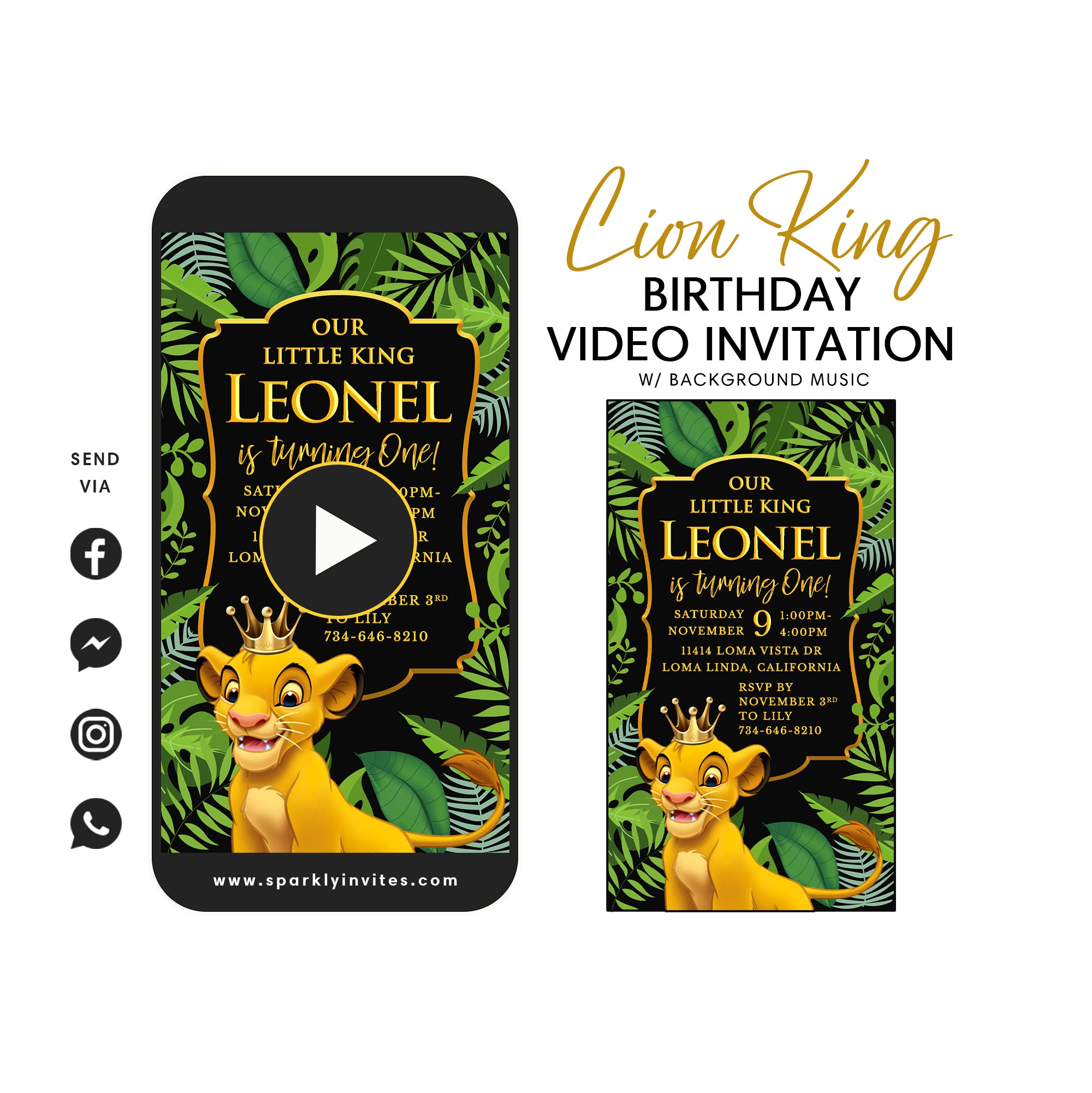 Simba Lion King Theme Birthday Video Invitation Sparkly Invites