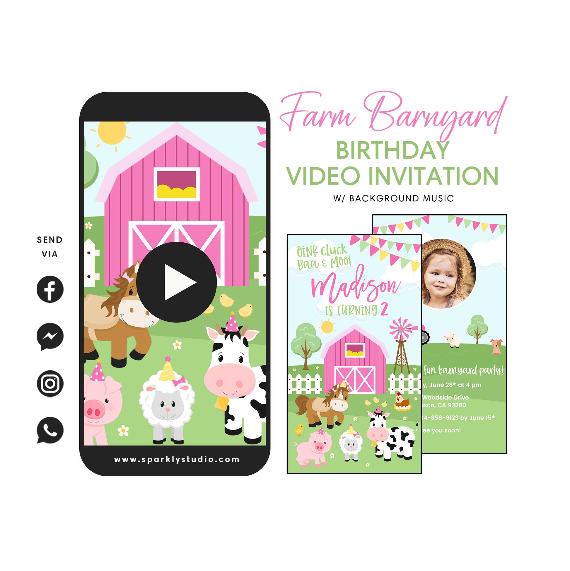 Pink farm animals barnyard party video invitation